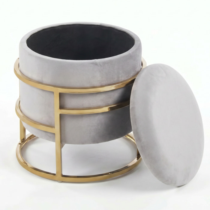 Pouf Contenitore Rotondo in Velluto con Coperchio e Base in Acciaio Dorata, Seduta Imbottita con Vano Contenitore dallo Stile Elegante per Soggiorno, Camera da Letto e Ingresso