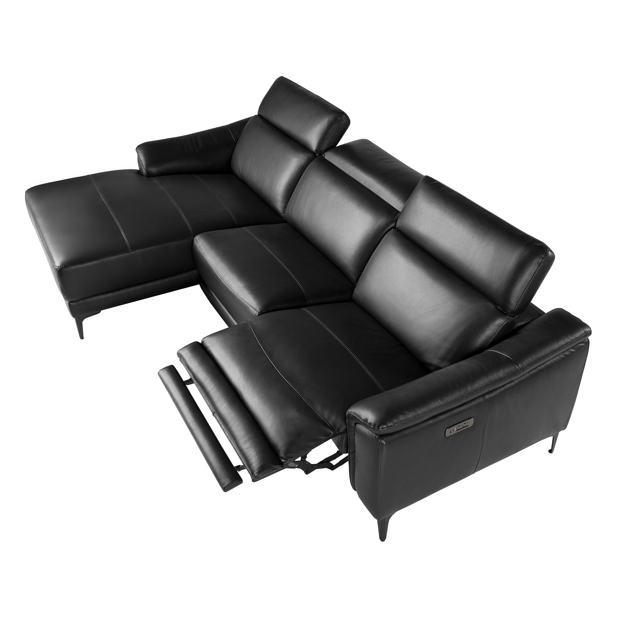 Sofá chaise longue Angel Cerdá relax izquierda de 5 plazas tapizado en piel de origen vacuno en negro con reposacabezas patas de acero inoxidable en negro mate sistema de relax eléctrico 272x168x96cm