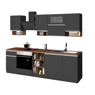 Cucina completa Dceccaron, Cucina pratica e salvaspazio, Parete da cucina con 8 ante e 1 cassetto, 100% Made in Italy, 255x60h85 cm, Antracite e Rovere