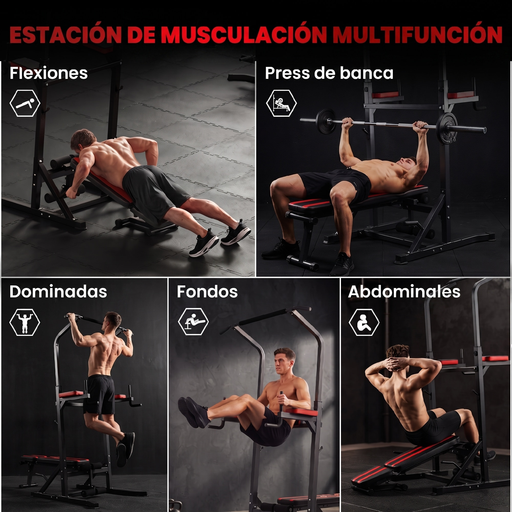 Estación de Musculación Plegable Torre de Entrenamiento Altura Ajustable con Barra de Dominadas Banco Reclinable para Fitness en Casa Gimnasio Carga 150 kg Antideslizante Acolchada Negro y Rojo