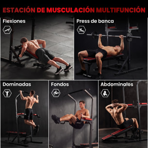 Estación de Musculación Plegable Torre de Entrenamiento Altura Ajustable con Barra de Dominadas Banco Reclinable para Fitness en Casa Gimnasio Carga 150 kg Antideslizante Acolchada Negro y Rojo