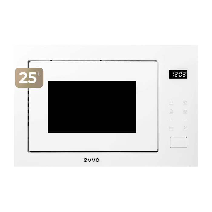 EVVO Microondas integrable Mi45 Glass White, 25L, grill 1200W, 8 funciones, multifunción, temporizador 60 min, display digital, blanco.