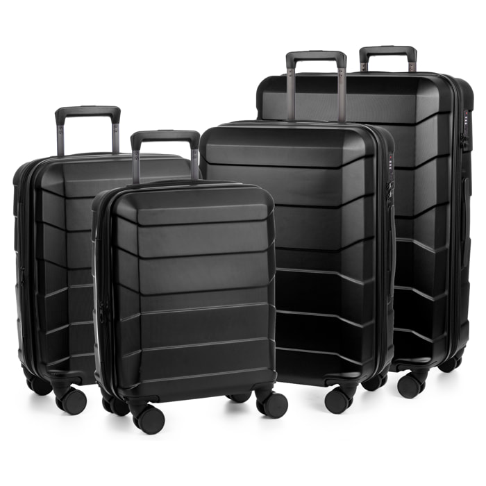 Set di 4 valigie Trolley espandibili, realizzate in materiale leggero ABS ad alta resistenza. Chiusura numerica, 4 ruote doppie girevoli a 360°.