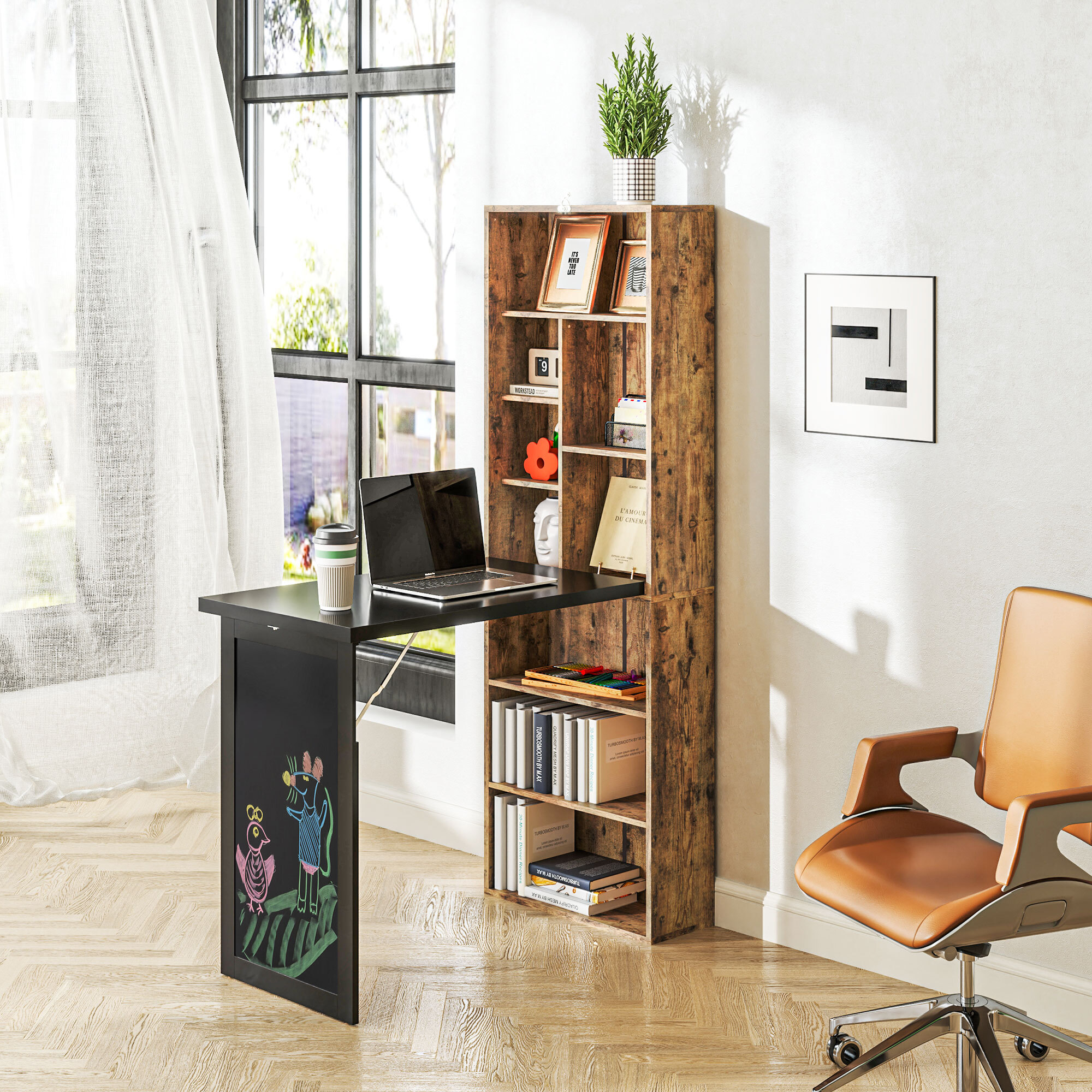 Bureau mural pliable table murale rabattable suspendue sur pied avec bibliothèque tableau à craie intégré panneaux particules bois