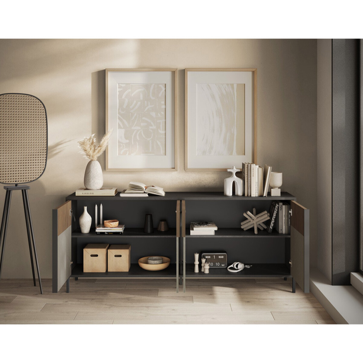 Jules - buffet bas - 4 portes - 206 cm - Gris / Bois