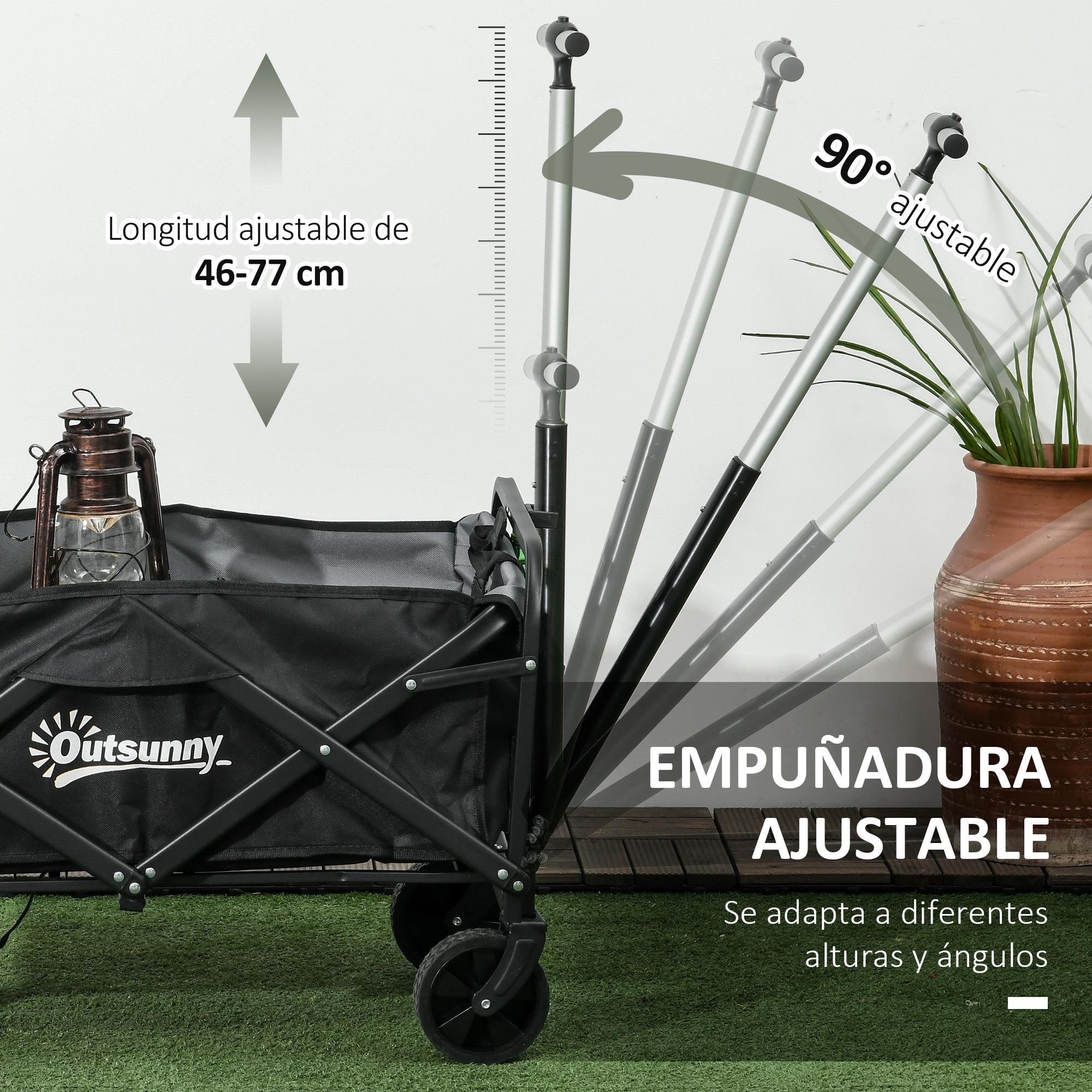 Carro de Jardín Carro Plegable con 4 Ruedas Longitud y Ángulo del Mango Ajustables Capacidad 70 L Carga 80 kg para Playa Campaña Negro