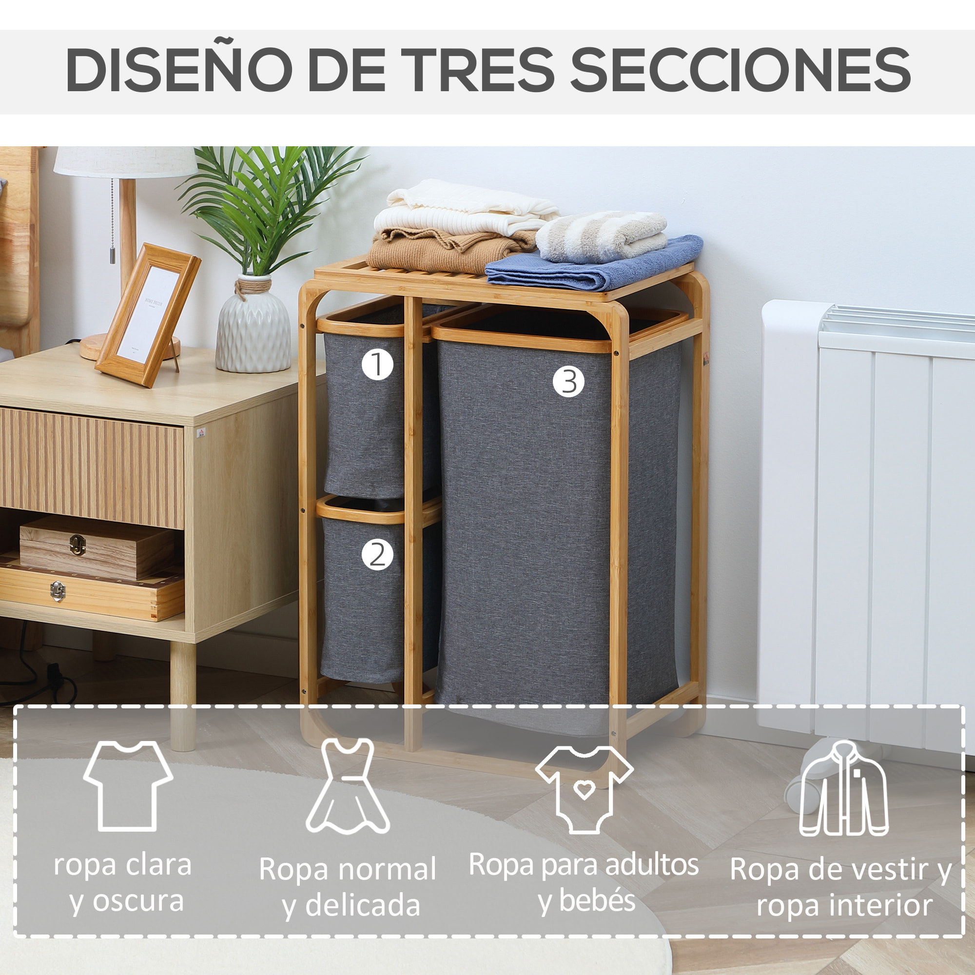 Cesto para Ropa Sucia de Bambú con 3 Bolsas de Tela Extraíbles 50x32x69,7 cm