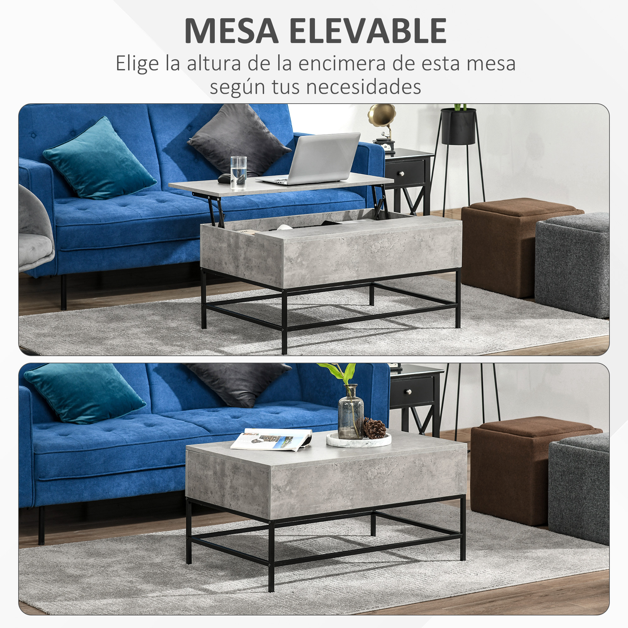Mesa de Centro Elevable Mesa de Centro con Espacio de Almacenaje Oculto Mesa Elevable para Salón Comedor 90x60,5x45,5 cm Gris Cemento