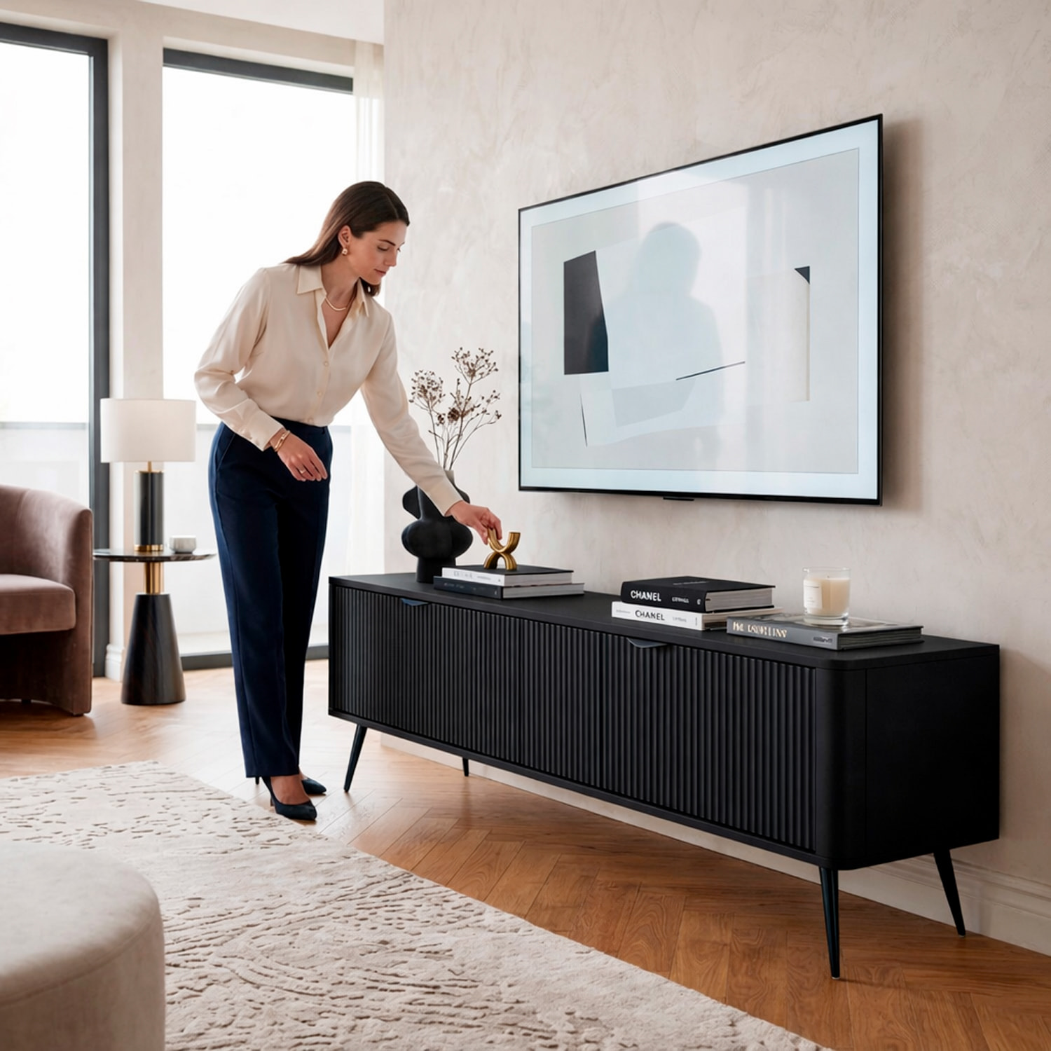 Mobile Porta TV Con 2 Ante A Ribalta Finitura Cannettato Mobiletto Design Moderno Elegante Piedini Slanciati Soggiorno Camera  200 x 51 x 38 cm nero