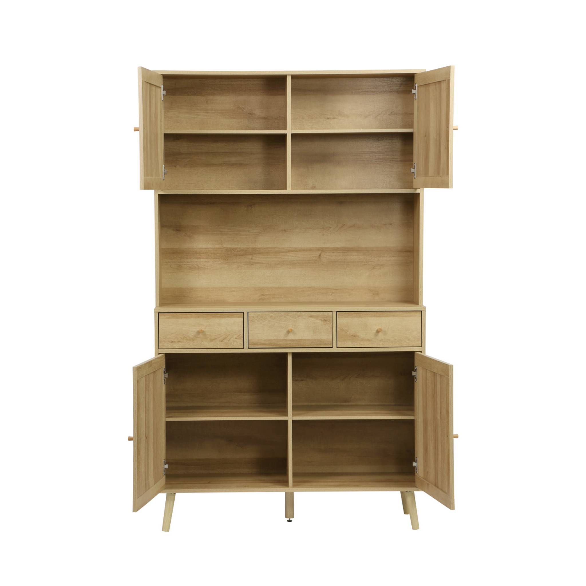 Buffet de cuisine BOHEME décor bois et cannage 4 portes 3 tiroirs 110 cm. Naturel. pieds en bois de pin revêtement papier