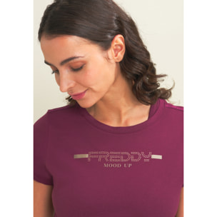 T-shirt da donna con strass e banda logata sulle spalle