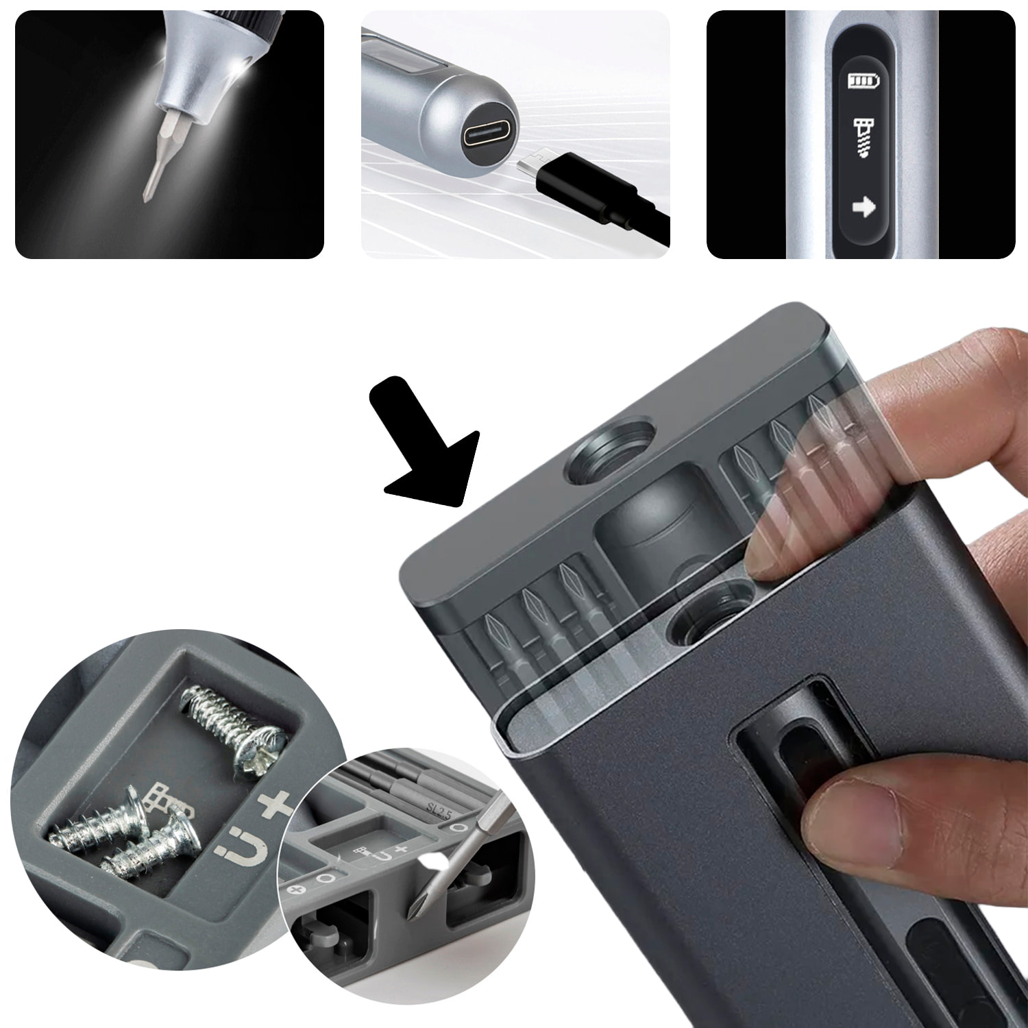 Destornillador eléctrico portátil 50 en 1 con doble luz, pantalla LCD, giro bidireccional, torque 0,3Nm y batería recargable.