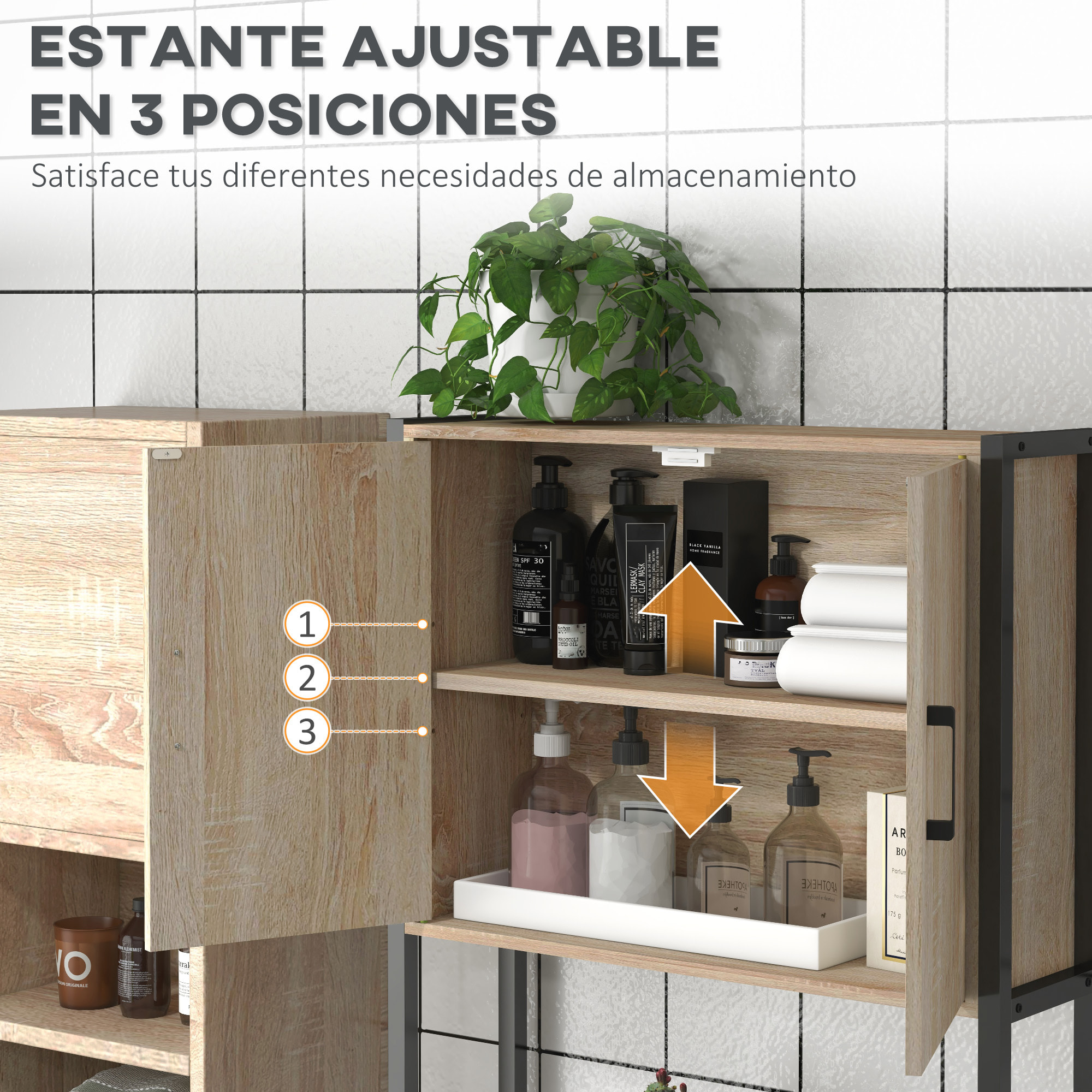 Mueble sobre Inodoro, Organizador sobre WC con 2 Puertas, Estante Ajustable, Estante Abierto, Estantería de Baño encima WC para Espacio Pequeño, 64x19x178 cm, Natural