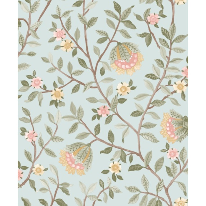 Papier peint fleuri botanique fond bleu glacier