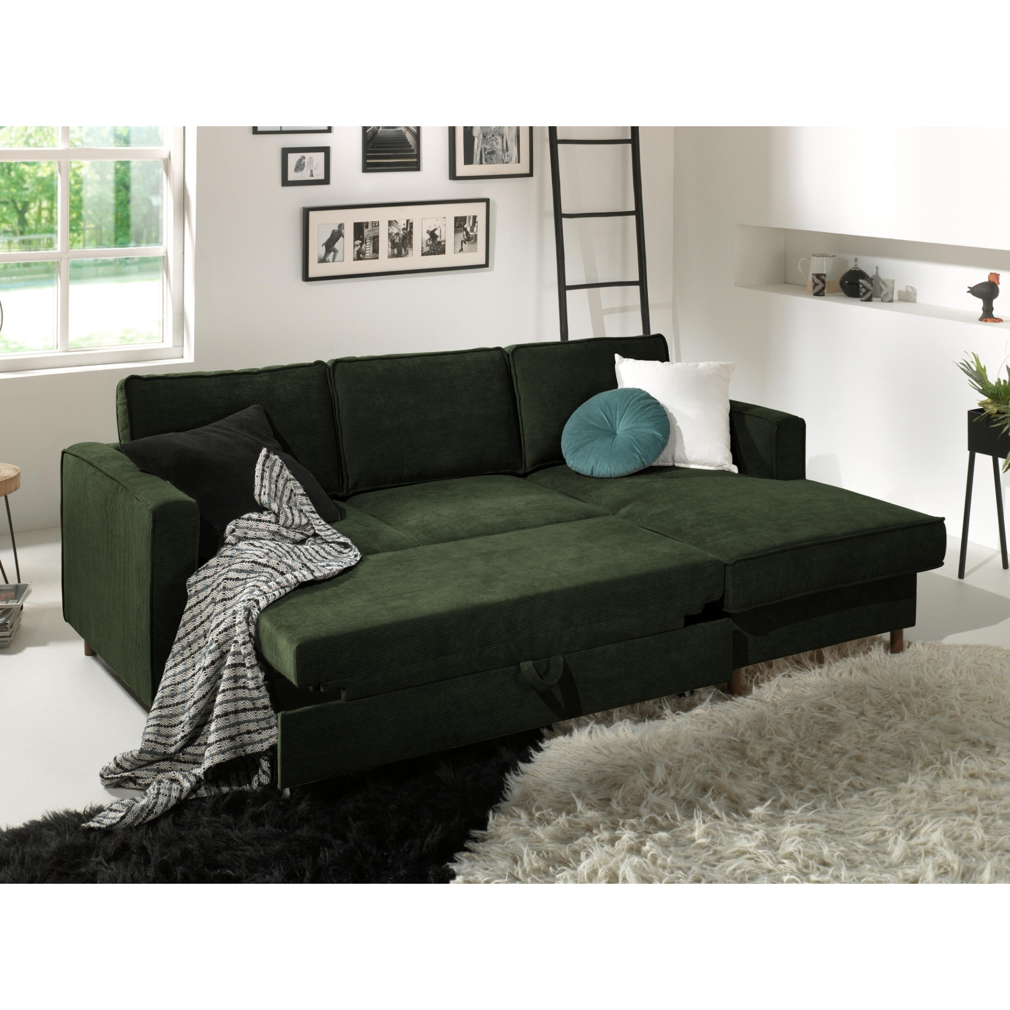 Jake - canapé d'angle droit - convertible avec coffre - 4 places - en velours côtelé - Vert
