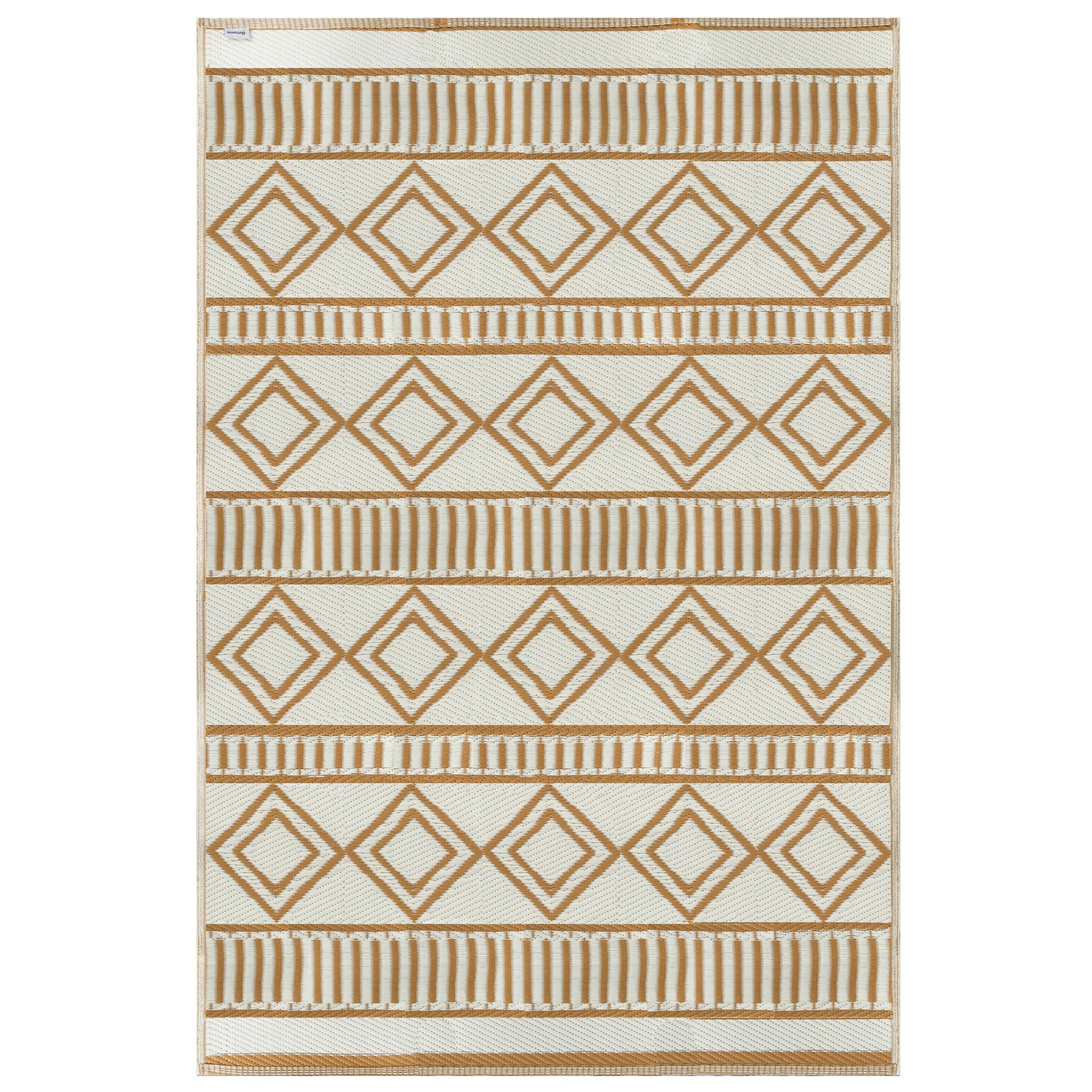 Tapis d'extérieur réversible imperméable motifs géométriques - dim. 121L x 182l cm - PP marron crème