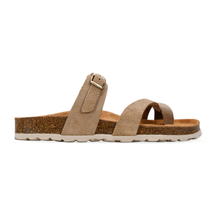 Sandalias de dedo arena en piel con suela de corcho
