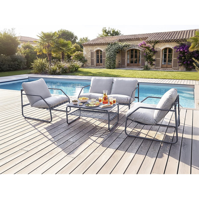 Salon de jardin en métal avec coussins "Sora" - 4 places - Gris