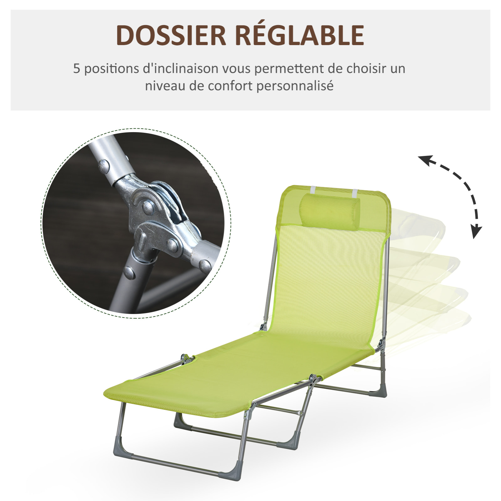 Bain de soleil transat pliable dossier réglable 5 positions acier teslin vert