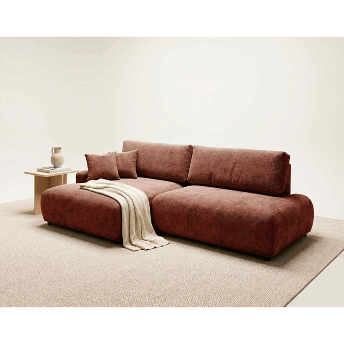 Pivoine - Canapé d'angle ouvert gauche 4 places convertible avec coffre en tissu texturé - Terracotta