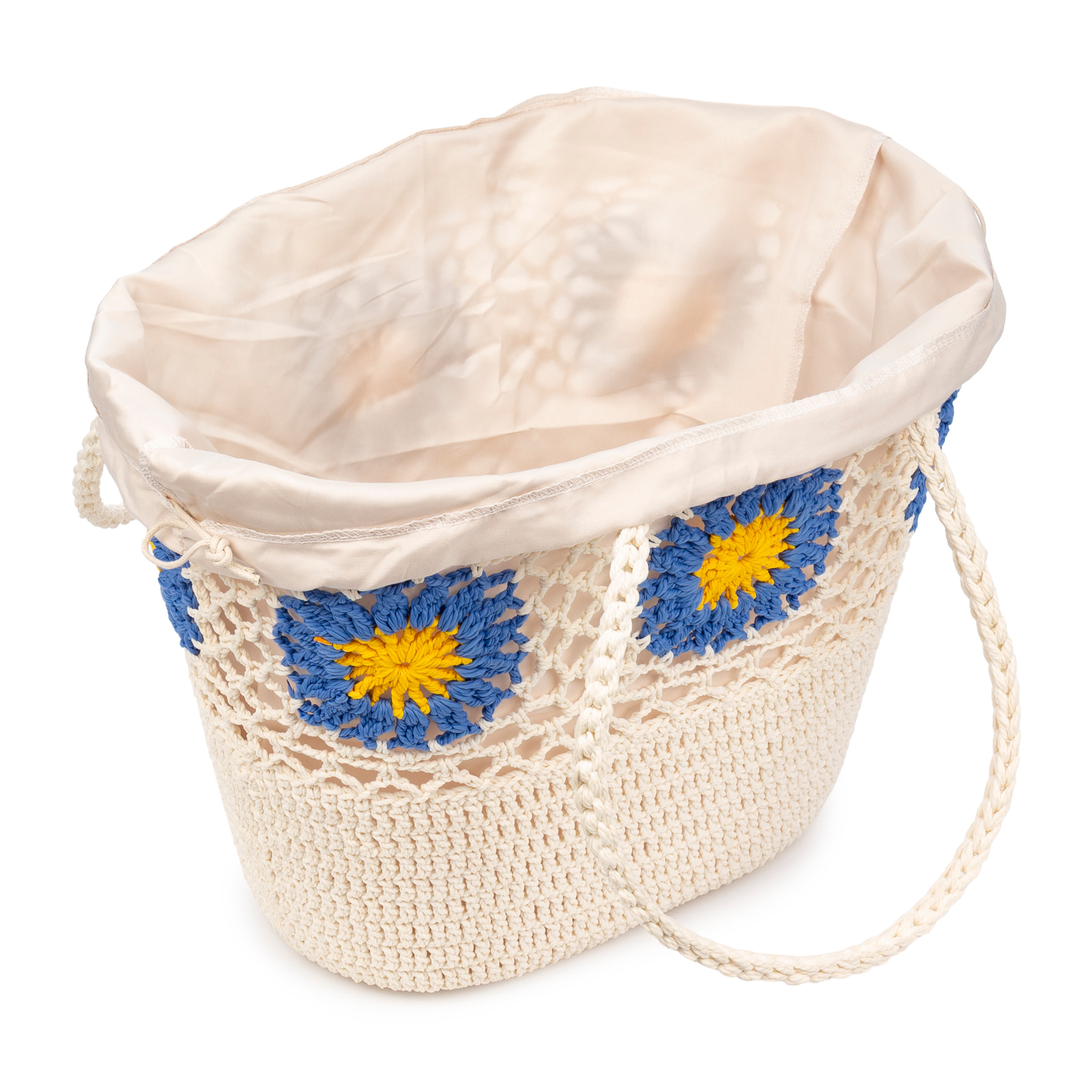 Villaga borsa a spalla donna. Realizzata in cotone, con fiori decorativi.