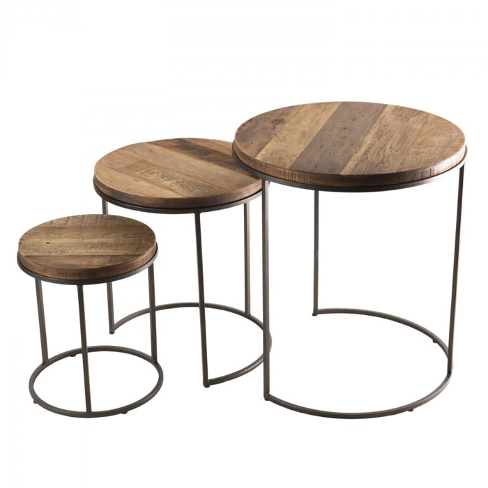 ALIDA - Set de 3 tables d'appoint rondes marrons Teck recyclé Acacia Mahogany pieds métal noirs