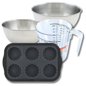 Set pâtisserie avec moule 6 tartelettes 28 x 18 cm en silicone, 2 bols à mixer, verre mesureur et spatule Zenker
