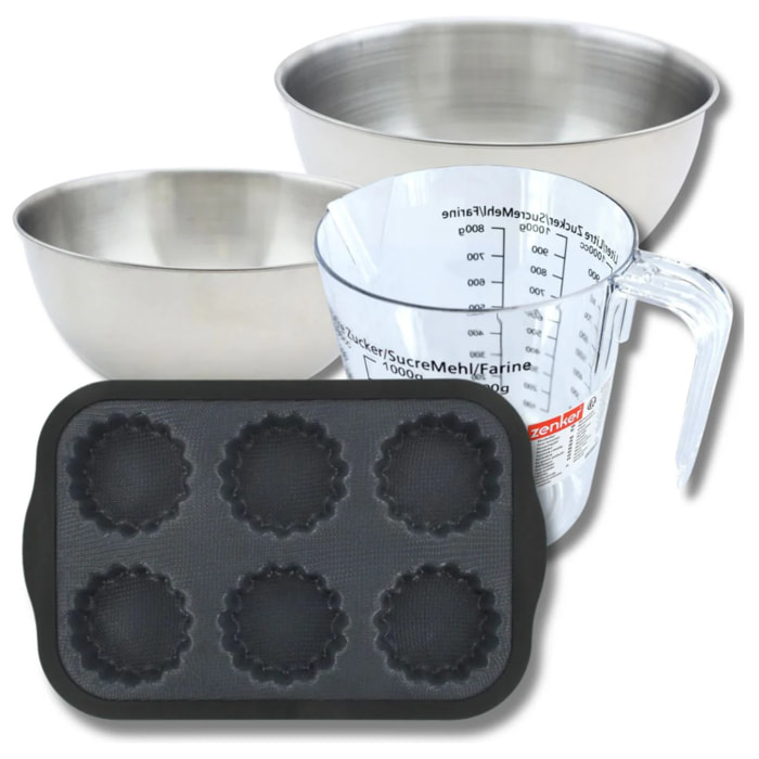 Set pâtisserie avec moule 6 tartelettes 28 x 18 cm en silicone, 2 bols à mixer, verre mesureur et spatule Zenker