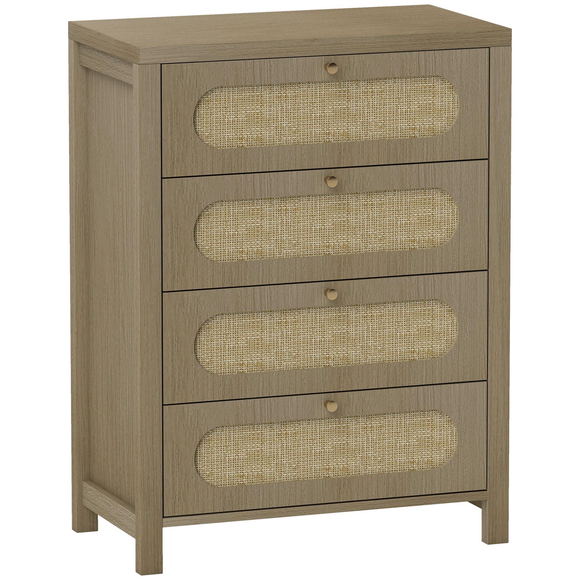 Commode 4 tiroirs style bohème effet rotin poignées métal doré 70 x 38 x 93 cm effet bois naturel