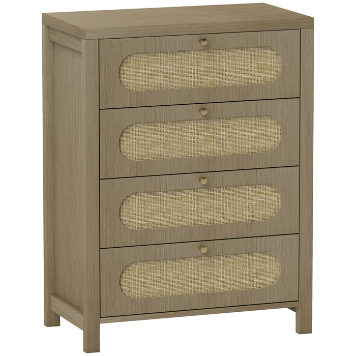 Commode 4 tiroirs style bohème effet rotin poignées métal doré 70 x 38 x 93 cm effet bois naturel