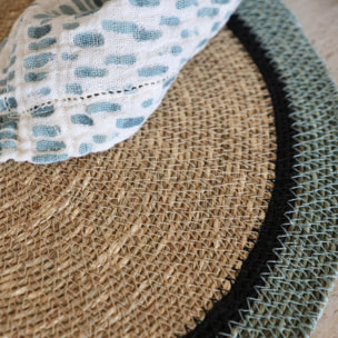 Lot de 6 sets de table en jonc de mer naturel et vert d38cm IRIS