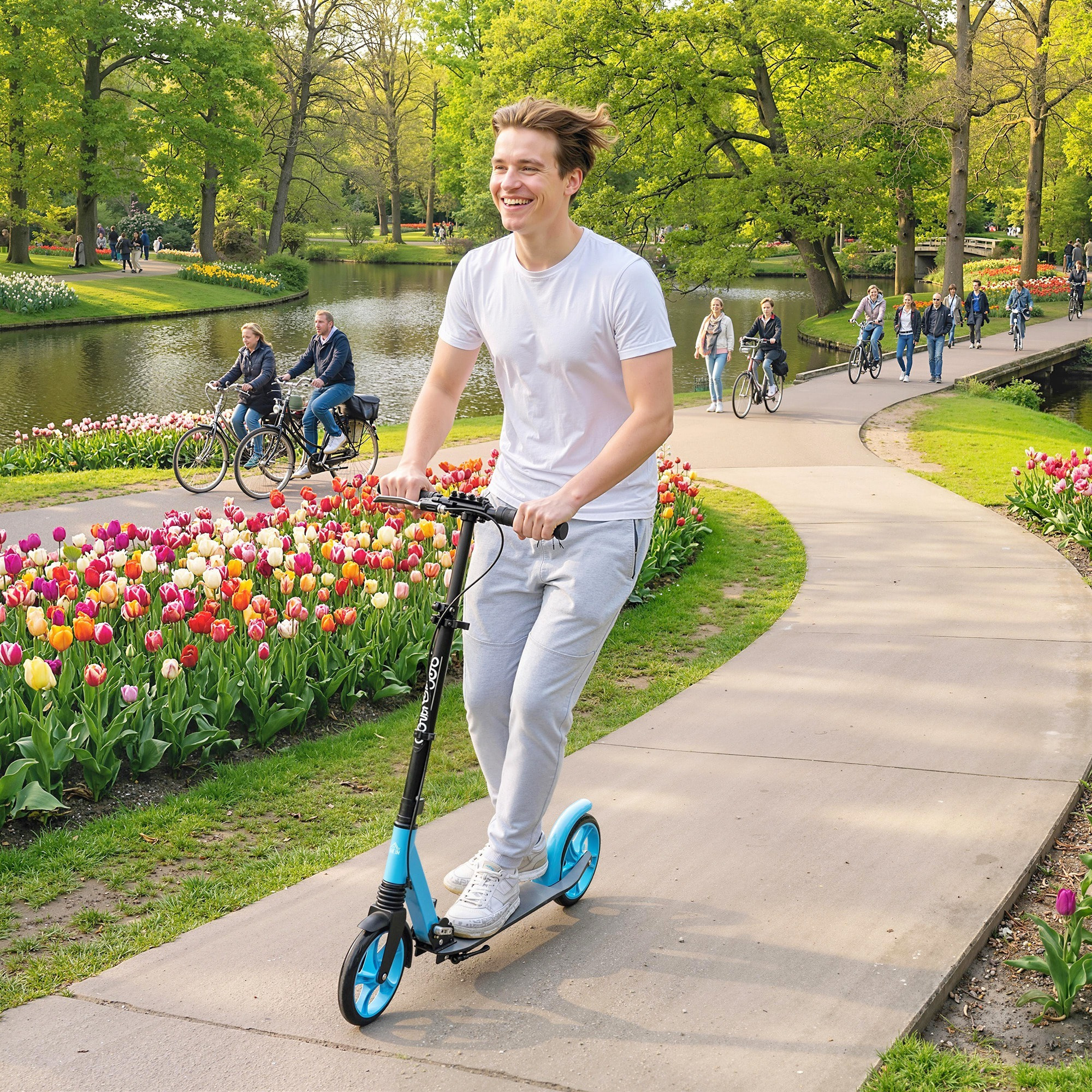 Patinete Plegable para Adultos y Niños de +14 Años Scooter Ligero con Manillar Ajustable Grandes Ruedas Ø200 mm Amortiguador y Freno Aluminio Carga 100 kg 91,5x36,5x91-104 cm Azul