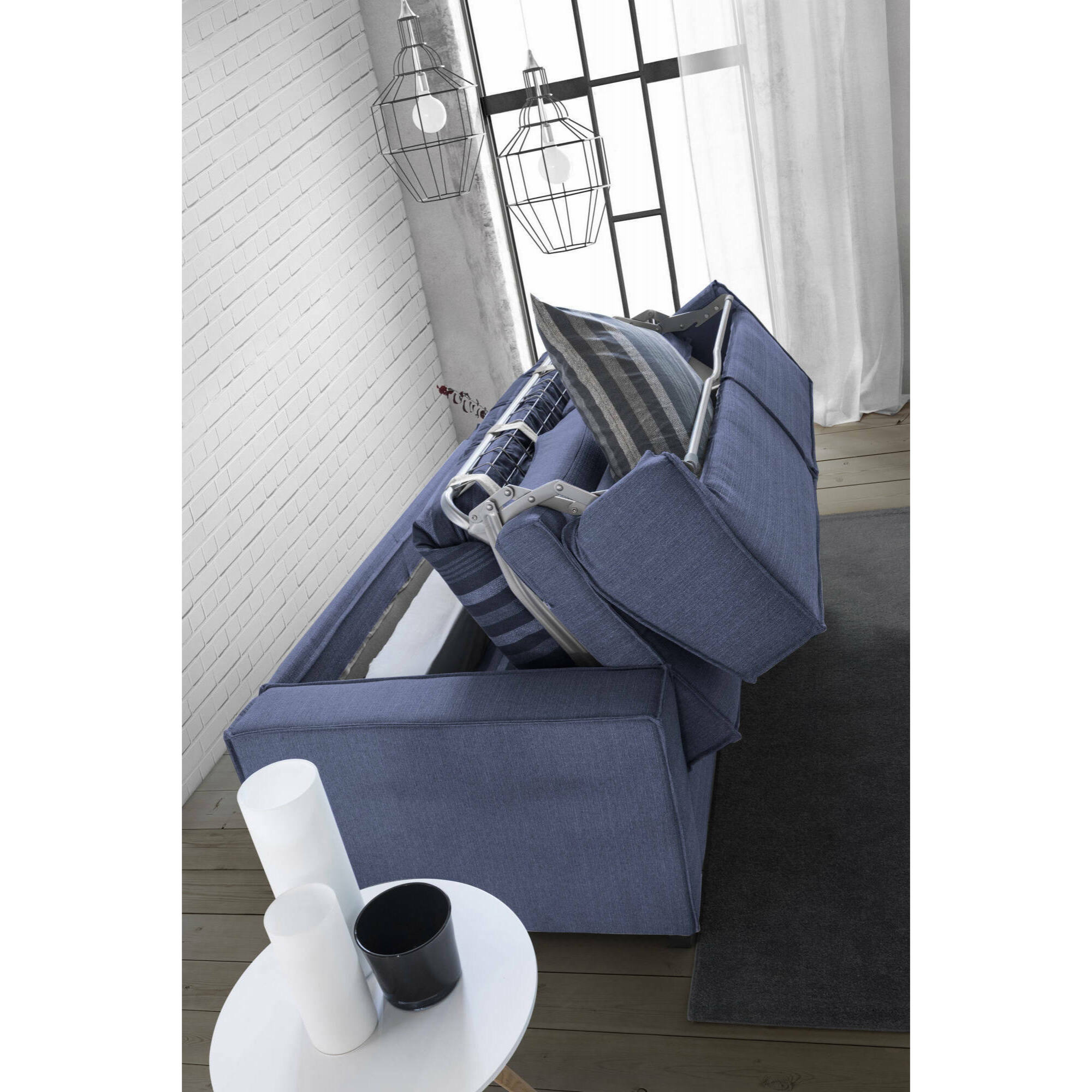 Divano letto 2 posti Amapola, Sofà Soggiorno con apertura girevole, Tessuto imbottito, Braccioli standard, 100% Made in Italy, Cm 200x95h90, Blu