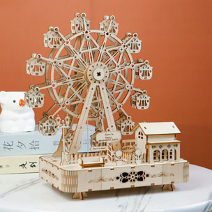 Maqueta de Madera 3D, diseño de Noria con movimiento mecánico, música y luces. 133 piezas.