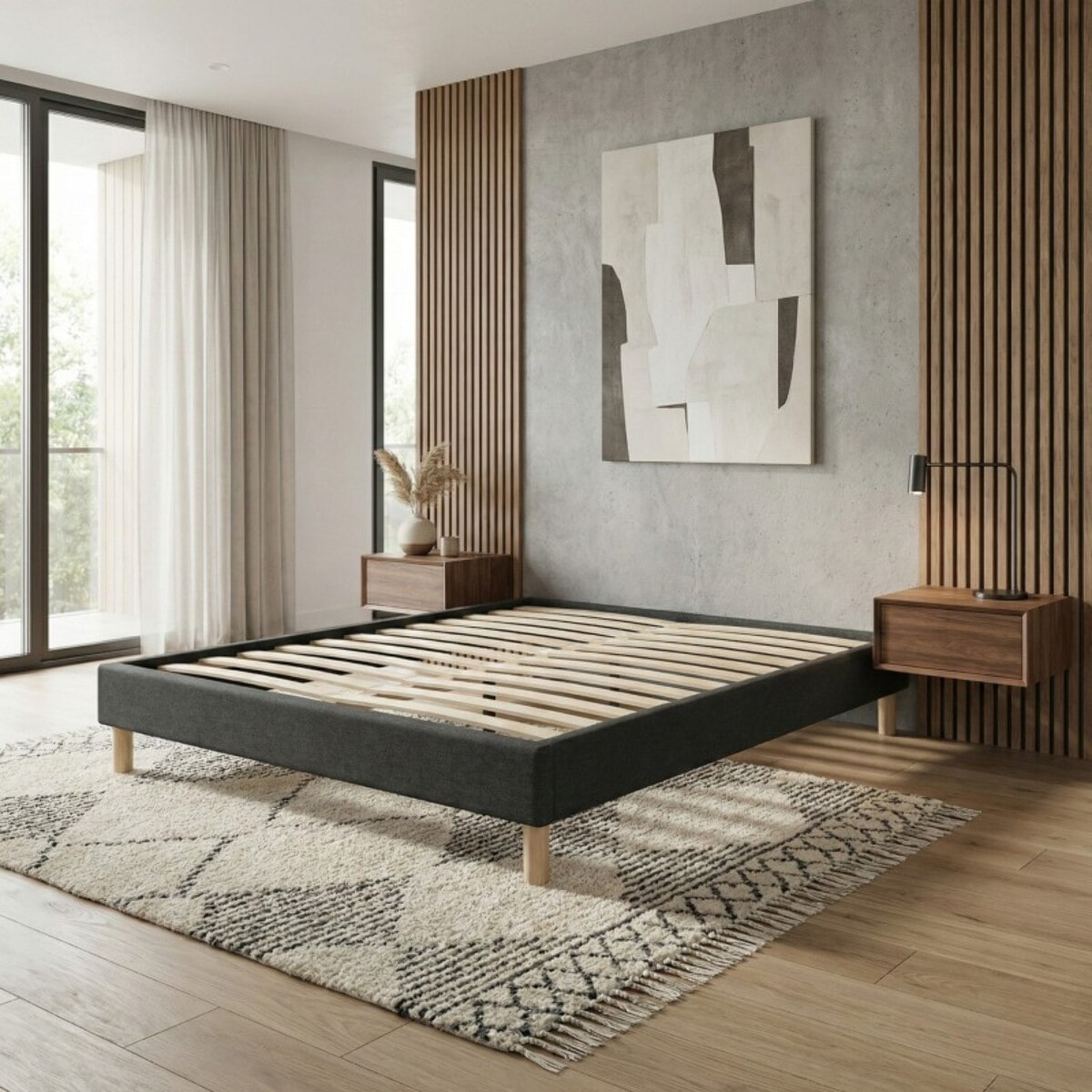 Lit Cancun | Cadre à lattes | Robustesse et confort | Montage simple rapide | Tissu | Gris foncé