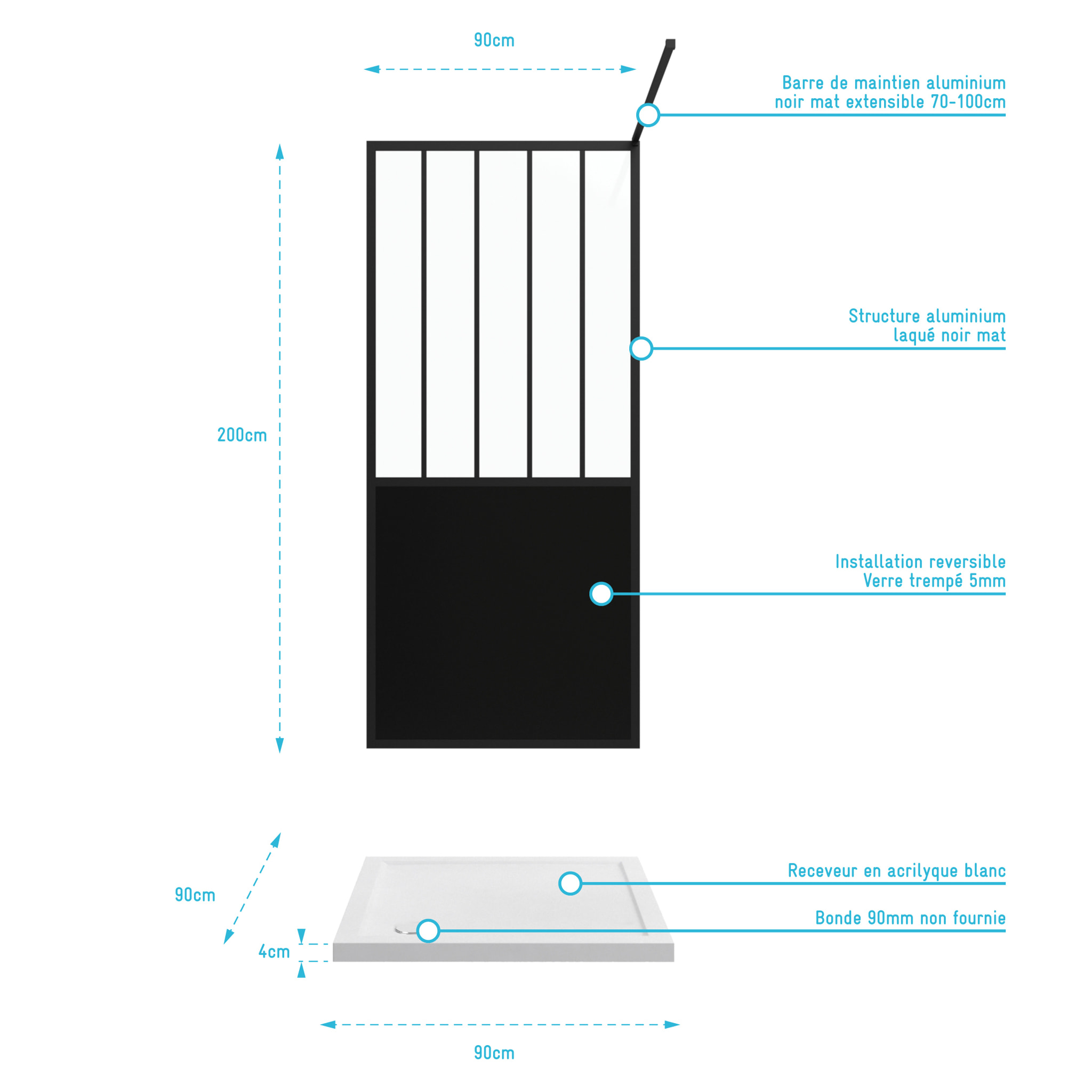 Pack Paroi de douche 90x200 CM NOIR MAT - VERRE TREMPE 5 mm + RECEVEUR A POSER EXTRA PLAT 90x90