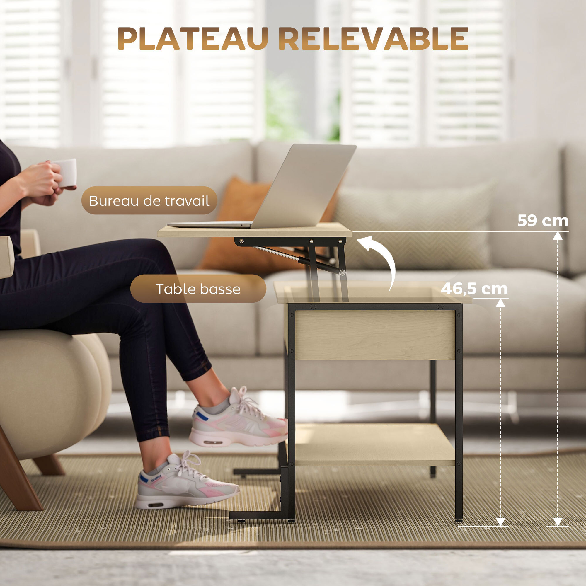 Table basse relevable style industriel - étagère - plateau relevable H.46-59 cm - métal noir effet bois clair