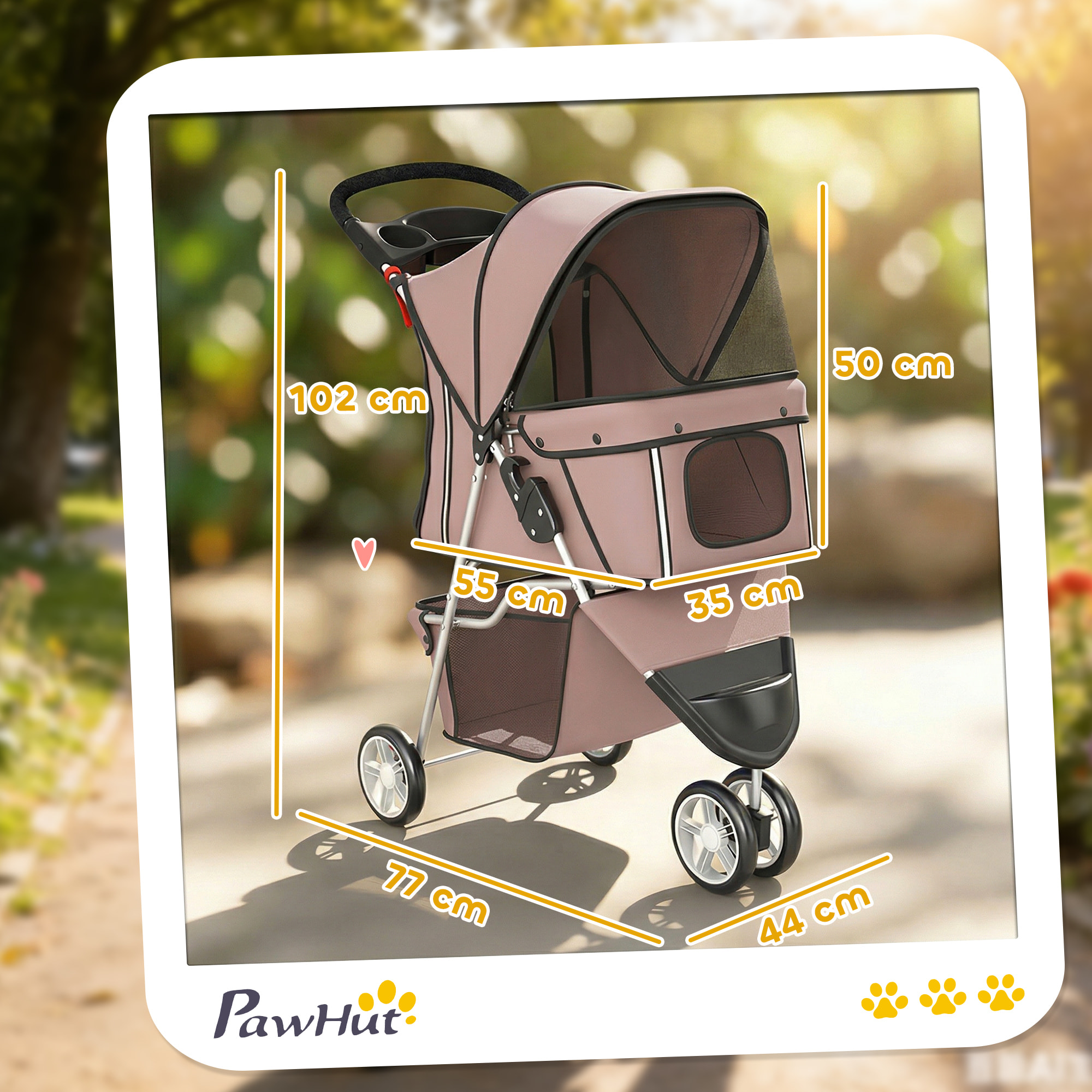 Carrito para Perros Plegable, Cochecito para Perros Pequeños con Cesta de Almacenaje, Ventanas de Malla, Portavasos y Ruedas, Carga 10 kg, 77x44x102 cm, Café