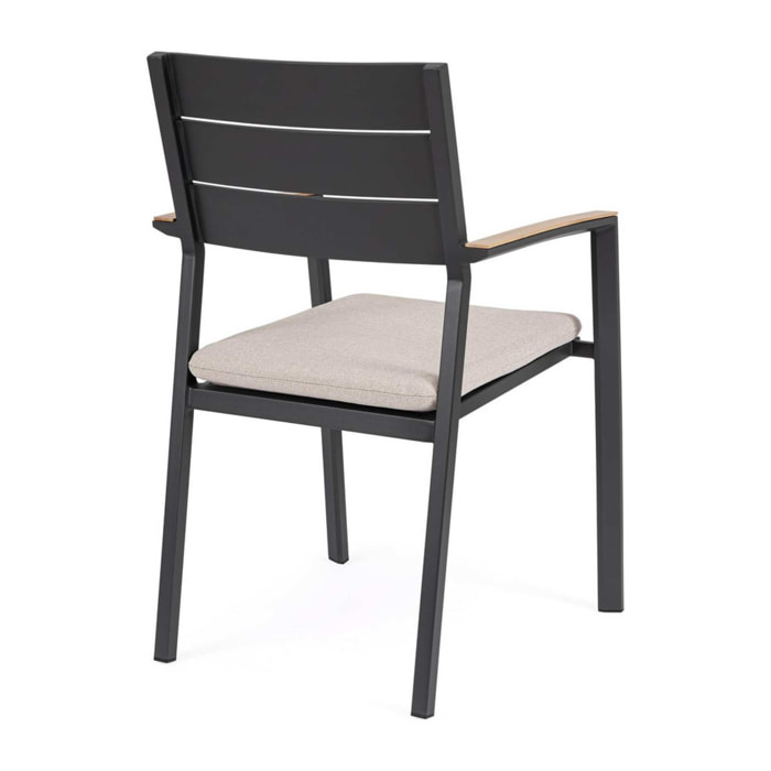 Set 4 sedie da giardino ZELMAR con cuscino tortora, braccioli effetto legno e struttura in alluminio antracite