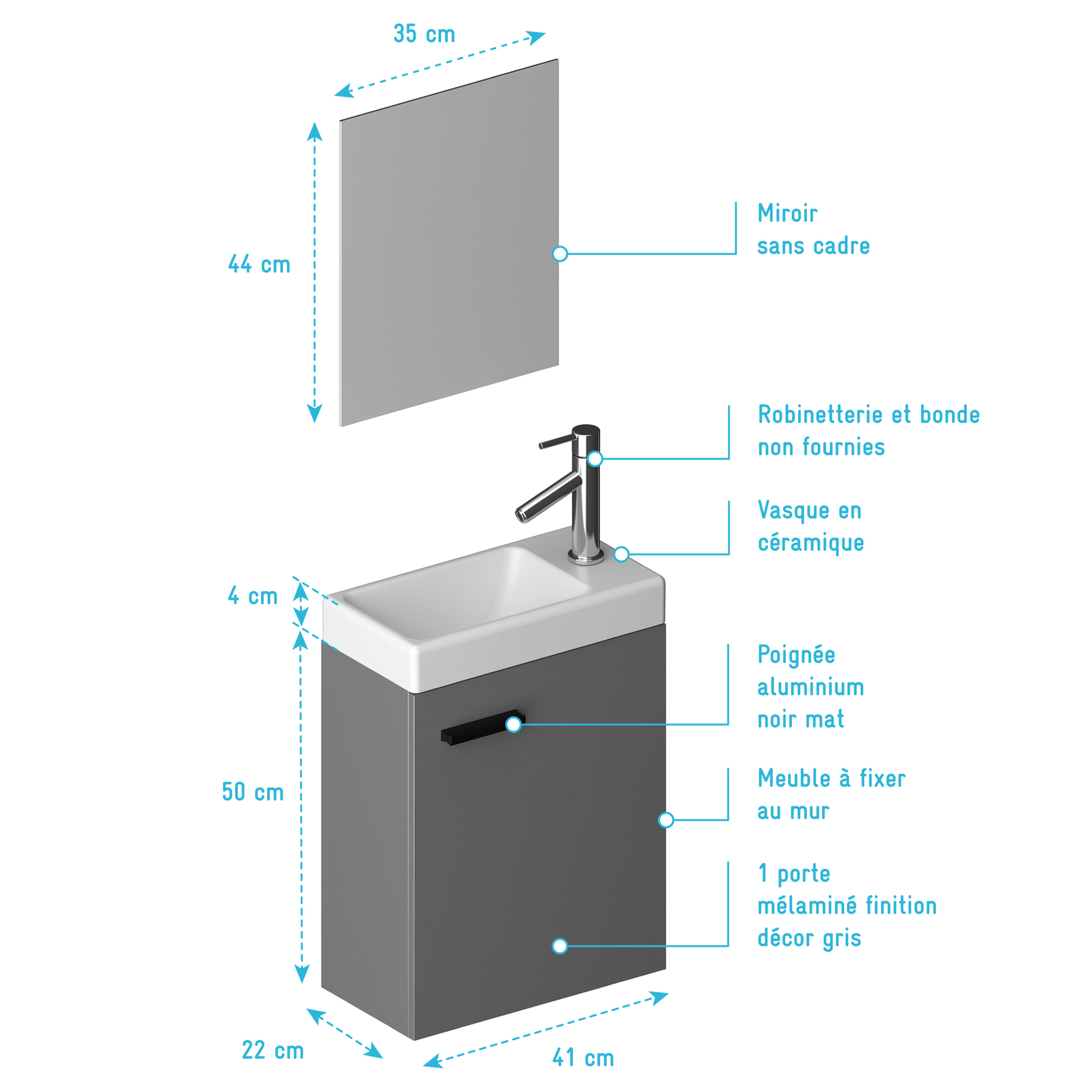 Ensemble Meuble Lave Mains Gris 41x50x22cm + Miroir - SMALLY GREY