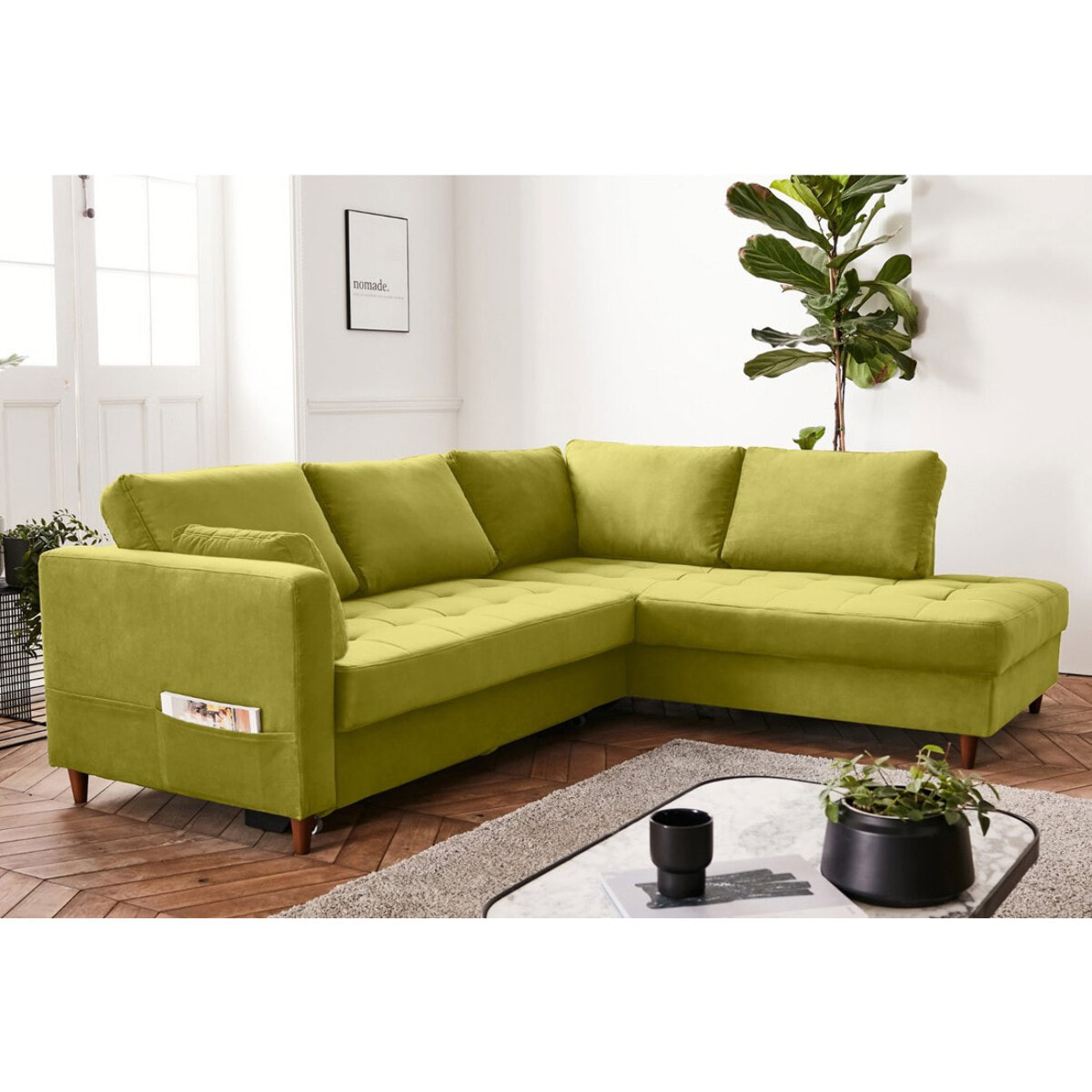 Anna - canapé d'angle droit - 5 places - convertible - en velours - Vert Olive