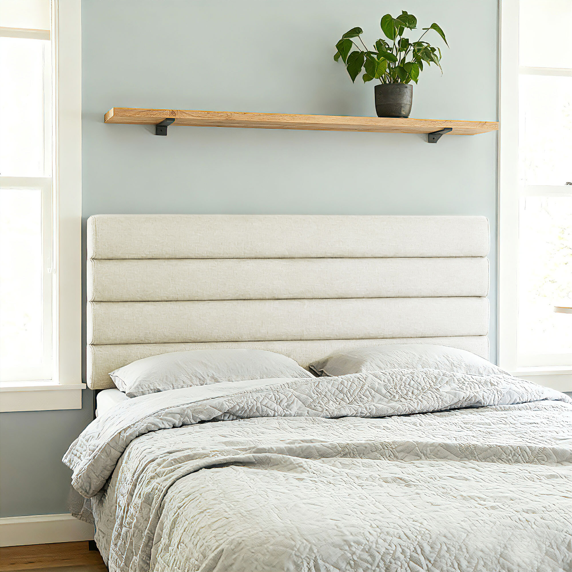 Cabecero de Cama 140 cm, Altura Ajustable 3 Niveles 106/116/126 cm, Cabezal de Cama Tapizado en Lino, Acolchado Linea, con Patas de Acero, Montado a la Pared, Cabecero para Dormitorio, Beige