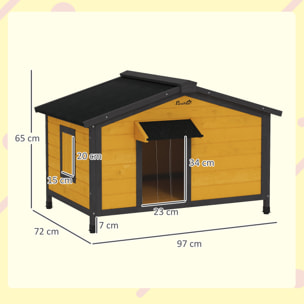 Caseta para Perros Exterior Casa para Perros Pequeños con Techo Asfáltico Abatible 2 Ventanas Puerta con Cortina y Base Extraíble 97x72x65 cm Madera Natural