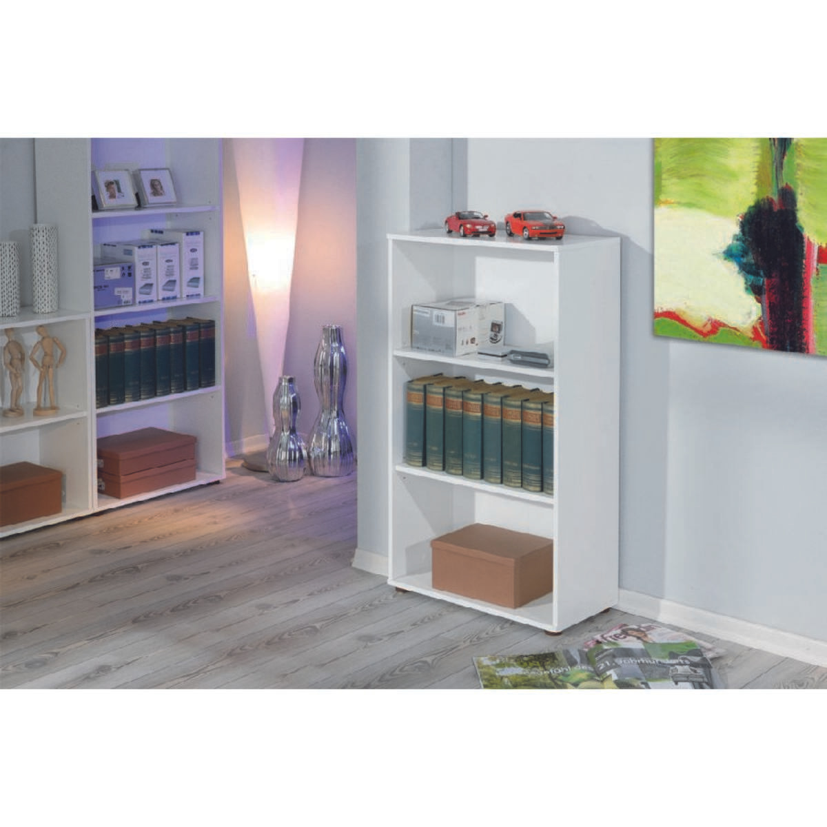 Libreria con tre ripiani, colore bianco, cm 60 x 110 x 30