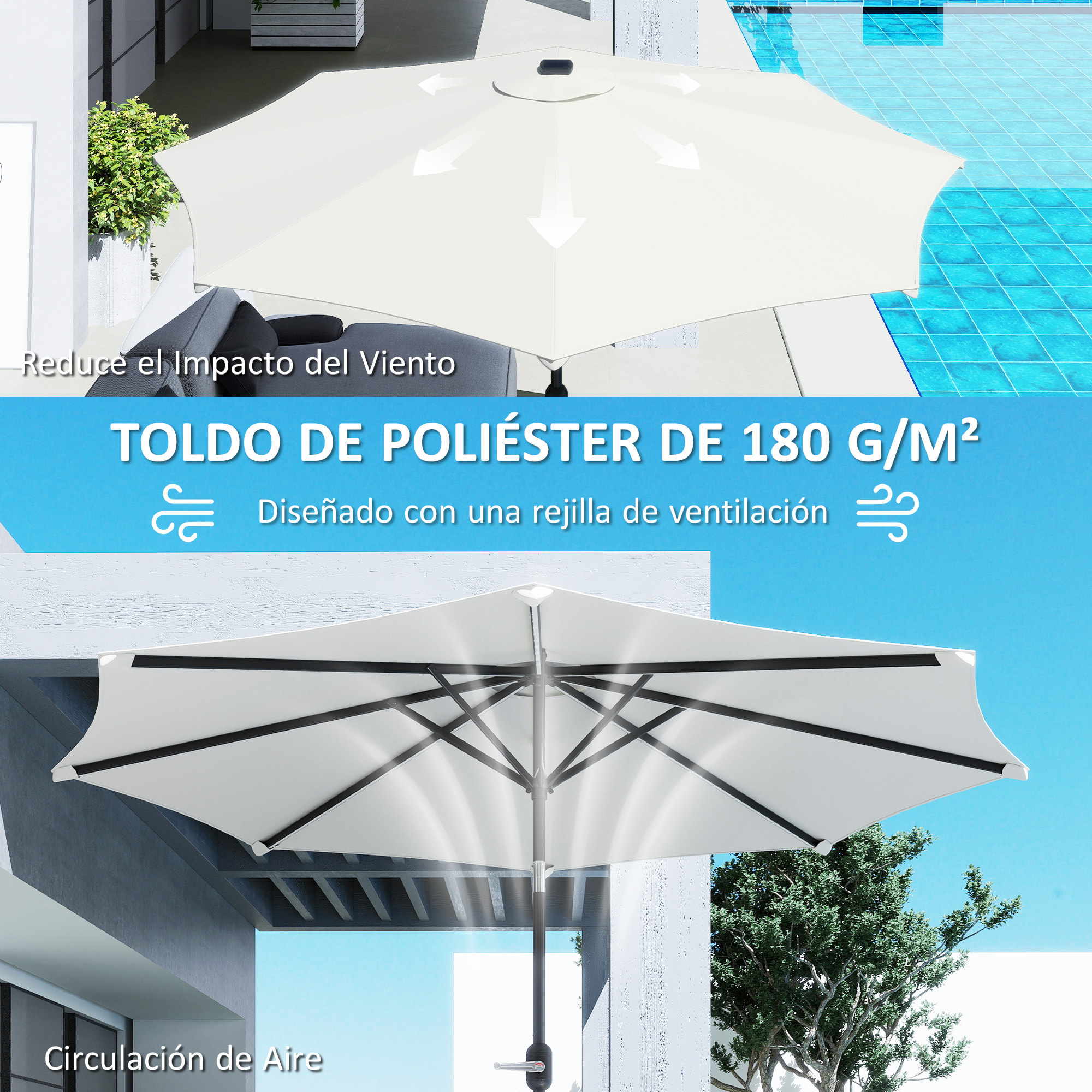 Sombrilla Terraza Exterior con Luces LED Solares Ø292x252 cm Sombrilla de Jardín con Inclinación Ajustable hasta 45° Impermeable y Manivela Parasol para Patio Piscina sin Base Crema