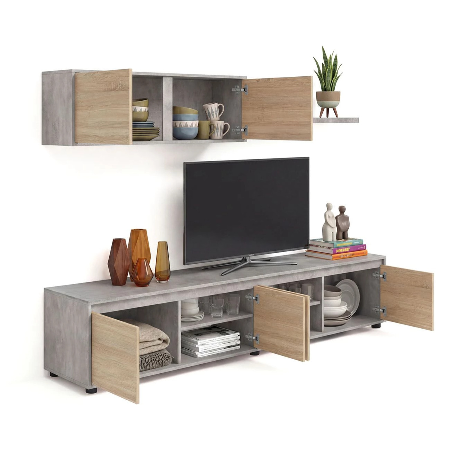 Salón con mueble de TV y estantería en gris cemento y roble canadian 200 cm Arlet Gris Cemento - Roble Canadian