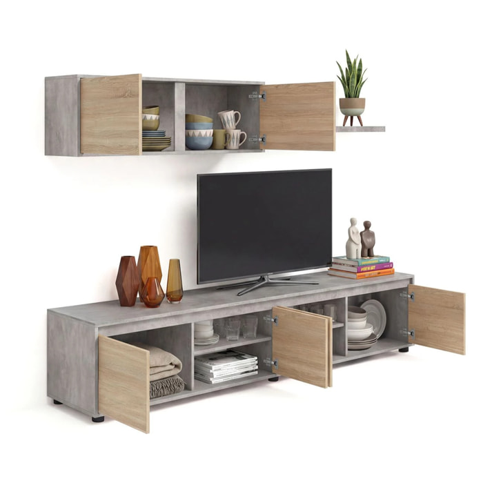 Salón con mueble de TV y estantería en gris cemento y roble canadian 200 cm Arlet Gris Cemento - Roble Canadian