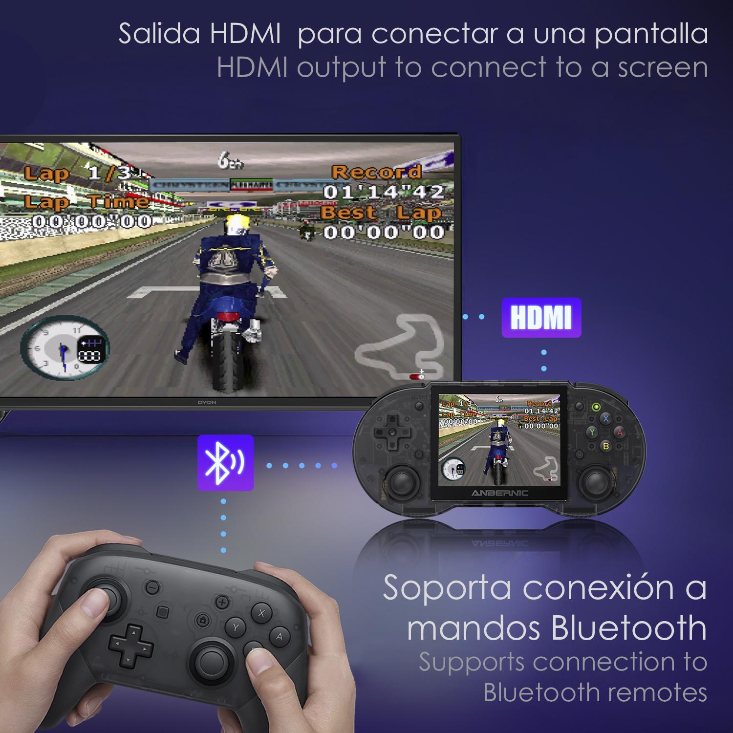 Console emulatore multipiattaforma RG353P. IPS da 3,5''; Quad Core da 1,8 GHz, 16 GB+128 GB. Android 11 + Linux. WiFi. +22.000 giochi.