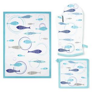 Set Torchon, Manique et Gant de Cuisine Excelsa – North Sea, Coton Multicolore