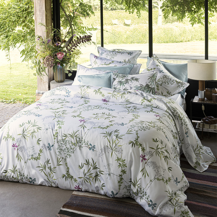 Housse de couette imprimée en satin de coton bio, MATIN, Blanc